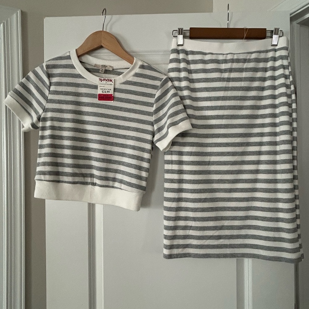 Gray and White Striped Top and Skirt Set